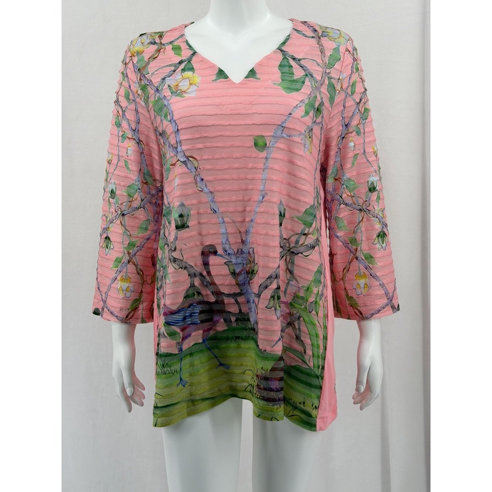 Soft Surroundings Top Womens Large Pink Floral Bird Textured Sheer Tunic Boho